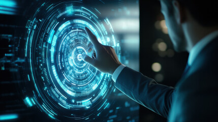 Businessman in a modern suit touching a holographic digital screen with a futuristic