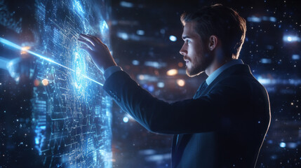 Businessman in a modern suit touching a holographic digital screen with a futuristic