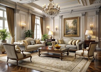 Formal and Elegant: Traditional, luxurious, polished, neutral tones, classic furniture