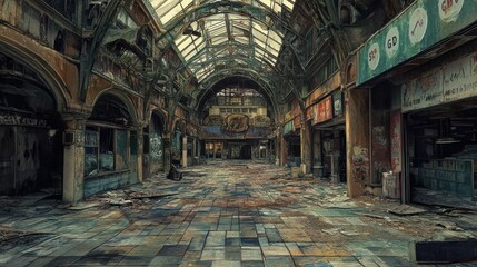 Obraz premium An abandoned marketplace showcasing a decayed interior with dusty floors and shattered glass, reflecting a forgotten era.