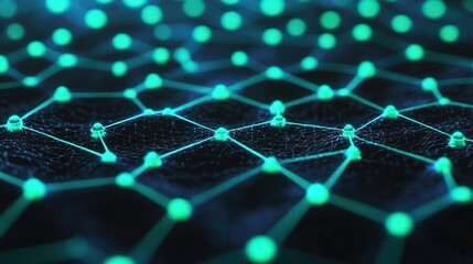 Obraz premium Abstract visualization of a secure network with glowing blue and green nodes, cybersecurity, protected network infrastructure