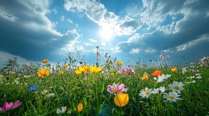 Obraz premium Radiant Sunshine Piercing Through Clouds Above a Blossoming Meadow in Ever-Changing Weather, Symbolizing Renewal and Hope