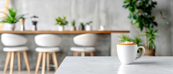 Modern coffee shop interior with latte on table and bar stools in background, decorated with green plants, cozy and minimalist atmosphere.