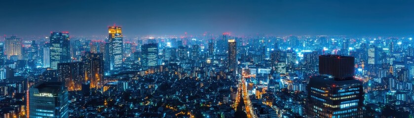 Fototapeta premium Stunning panoramic view of a bustling cityscape at night, illuminated with vibrant lights, showcasing the urban metropolis in all its glory.