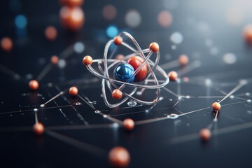 A detailed representation of an atom surrounded by particles in a scientific environment highlighting atomic structure and energy interactions