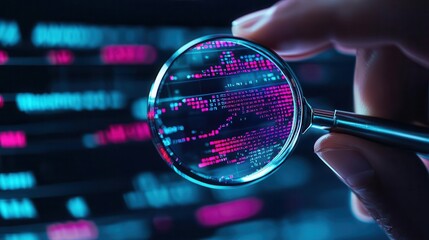 Digital forensic analyst examining encrypted data streams, magnifying glass in hand, holographic display, forensics, cybercrime investigation