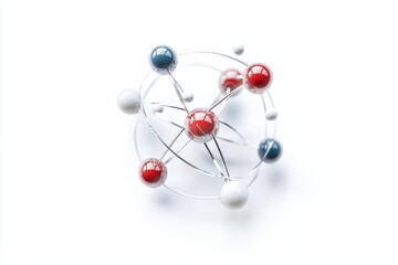 Obraz premium A detailed representation of an atomic model featuring colored particles and orbiting paths against a clean white background