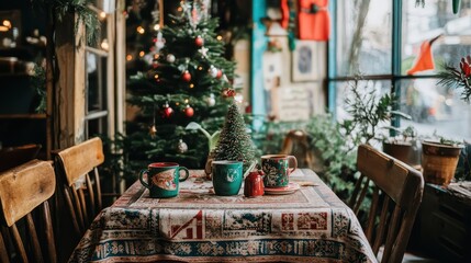 Obraz premium A welcoming cafe corner features a holiday-themed table with warm drinks, surrounded by a decorated Christmas tree and vibrant greenery outside