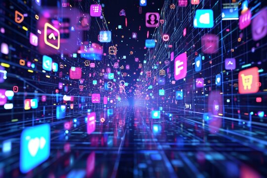 Social Media Internet Web Concept: Animated Stream of Content. Browsing through Multimedia all in one Entertaiment, Messaging, TV, Videos, emoji, Sharing, Video Game Playing, Fintech Online Shopping