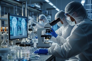 Two Scientists In Sterile Suites At Research Factory: Engineer Using Microscope And Desktop Computer To Inspect Microchip