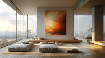 Minimalist Zen Living Room with Cityscape View 