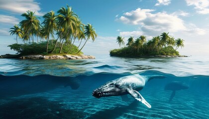 A majestic humpback whale glides through clear waters, approaching picturesque tropical islands adorned with palm trees, as fluffy clouds drift overhead