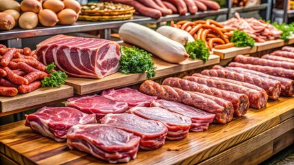Fototapeta premium Freshly displayed raw meat products, including tender steaks, juicy sausages, and crispy bacon, arranged attractively on a wooden butcher's counter in a modern grocery store.