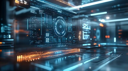 A futuristic digital interface featuring glowing data panels and holographic displays, representing advanced technology, cyber systems, and innovative design.