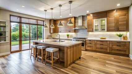 Interior of spacious U-shaped kitchen with wooden front and large island
