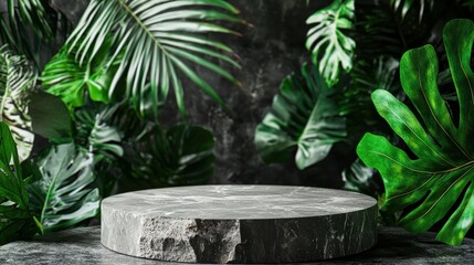 Stone pedestal with lush leaves