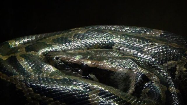 A giant reticulated python (Malayopython reticulatus) curled up, twitching while digesting