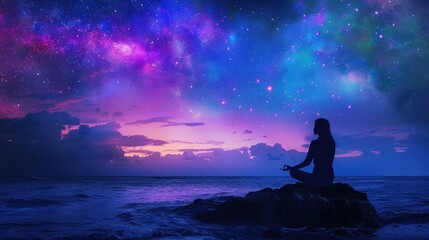 Person meditating on a rock at the ocean during a vibrant sunset with a starry night sky