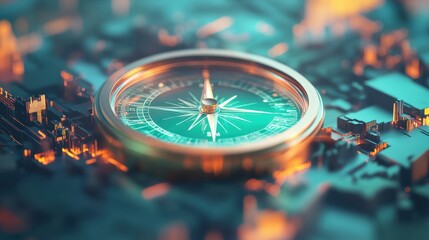 A close-up view of a compass on a digital circuit board, symbolizing exploration and navigation in technology.