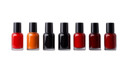 red, orange, black, burgundy nail polish bottles isolated on transparent background