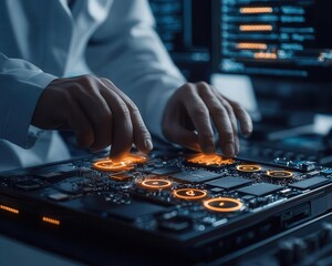 Naklejka premium Forensic expert recovering deleted files from a damaged hard drive, digital fragments reassembling, forensics, file recovery process