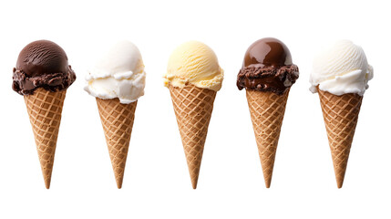 Set of vanilla chocolate ice cream cones isolated on transparent background