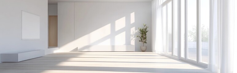 3D rendering of an empty room with white tones featuring Scandinavian interior design