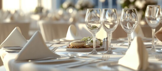 3D rendering of an elegant wedding table setting featuring luxury catering complete with food silver cutlery empty glasses and white silk chairs with napkins
