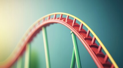 Fototapeta premium A colorful roller coaster track curving against a soft blurred background, symbolizing excitement and fun in amusement parks.