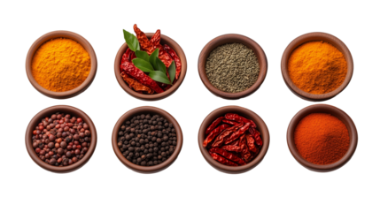 Set of assorted spices pepper, curry, paprika, chili in brown bowls isolated on transparent background
