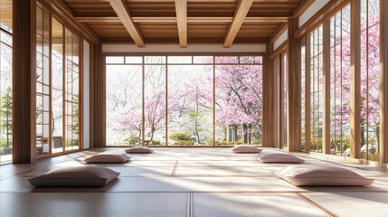 Fototapeta premium Japanese-style room with tatami flooring, wooden beams, and sakura trees visible through large windows. Ideal for a peaceful and natural branding presentation. 3D render.