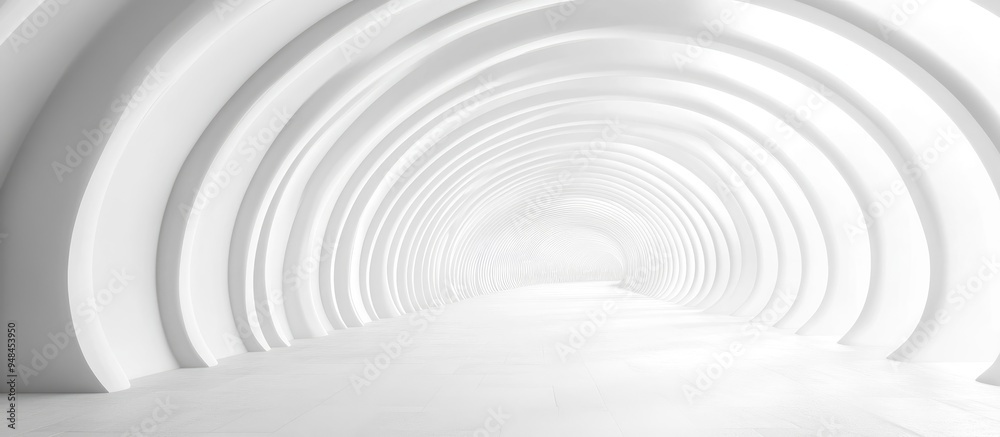 Poster 3d rendering of a completely white monochrome tunnel structure with an abstract backdrop