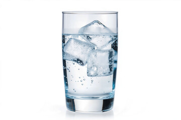 A glass of sparkling water with ice cubes, isolated on a transparent background, showcasing the refreshing bubbles and crystal-clear ice