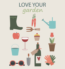 Card cartoon love your garden with tools, flowers and boot.