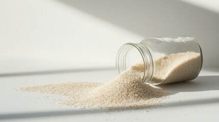 A glass jar lies on its side, spilling granulated sugar across a light surface, bathed in soft natural light creating gentle shadows