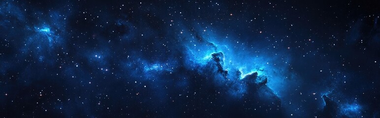 Dark interstellar space depicted in a 3D cartoon rendering showcasing a 2D illustration of stars within a deep space environment and a blue cold nebula against a dark night sky