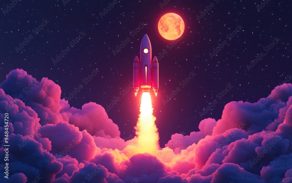 Aufkleber Cartoon rendering in 3D of a new space rocket launching into the sky with smoke and clouds accompanied by a full moon Space mission liftoff concept