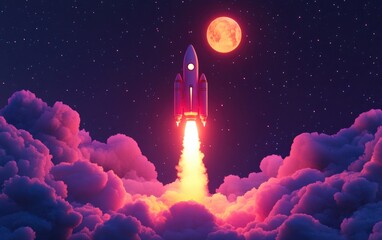 Cartoon rendering in 3D of a new space rocket launching into the sky with smoke and clouds accompanied by a full moon Space mission liftoff concept