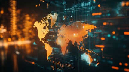 A digital representation of a world map illuminated in orange, showcasing modern technology and global connectivity.