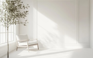 Modern white room featuring an armchair in a Scandinavian style with 3D rendering