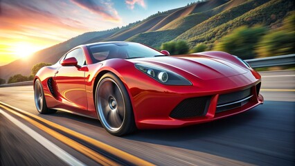 Obraz premium Luxury sports car speeding down a winding road, sleek design and vibrant red paint job glisten in the sunlight, emitting a sense of power and sophistication.