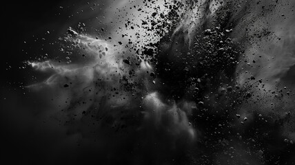Black charcoal powder exploding against an isolated white background, creating a dynamic burst of dark particles. The contrast emphasizes the intense, raw, and dramatic visual effect.