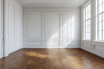 This stylish minimalist room features white walls, polished hardwood floors, and large windows allowing natural light, creating a serene, inviting atmosphere that feels comfortable and chic
