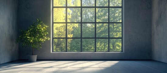 Empty interior with a large window in a 3D rendering