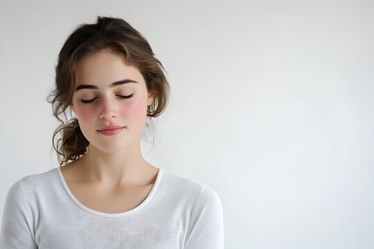 Portrait of a shy and beautiful young woman with a soft blushing expression on her face looking down with a slight smile against a clean white background