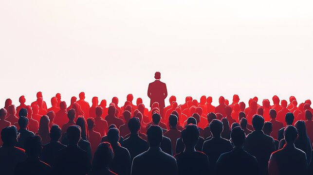 A charismatic leader passionately inspiring a large crowd of people, their silhouettes outlined against the backdrop.