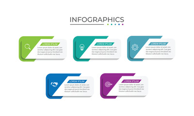 Vector infographic label design concept with square layout and marketing icons with 5 steps or options.