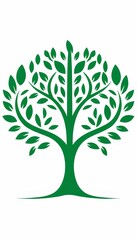 Fototapeta premium Stylized minimalist tree with a symmetrical canopy and intricate branches with full, leafy appearance with numerous leaves, in the overall green color scheme against white background, icon image 