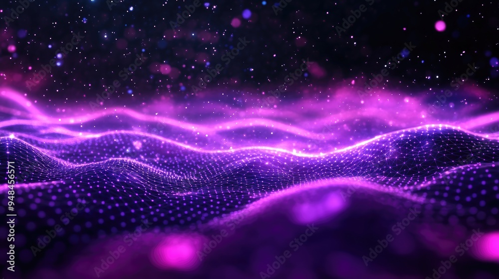 Poster abstract ultraviolet landscape with a purple cyberspace grid on a dark background featuring a high t
