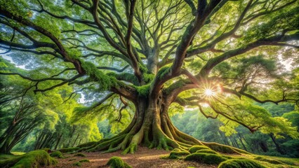 Obraz premium Majestic ancient tree trunk stands tall amidst a vibrant forest, its gnarled branches stretching towards the sky, surrounded by a lush carpet of green foliage.